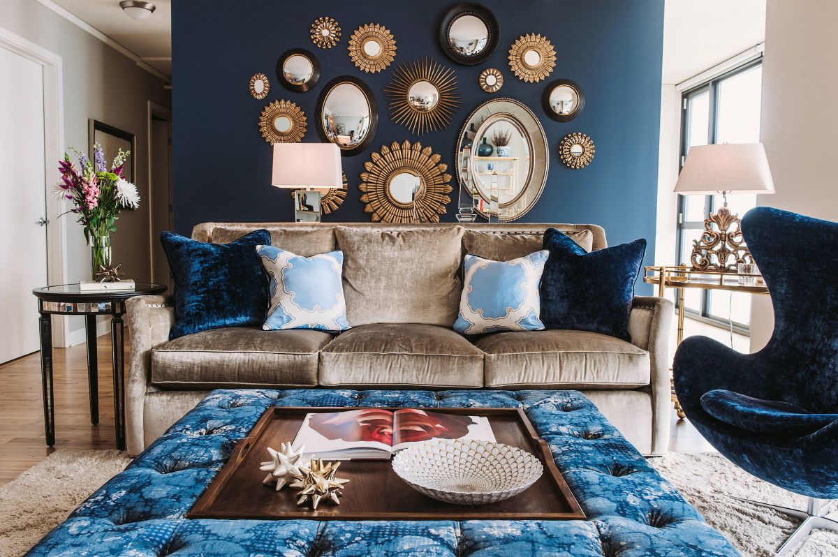 Transitional living room multiple blue shades