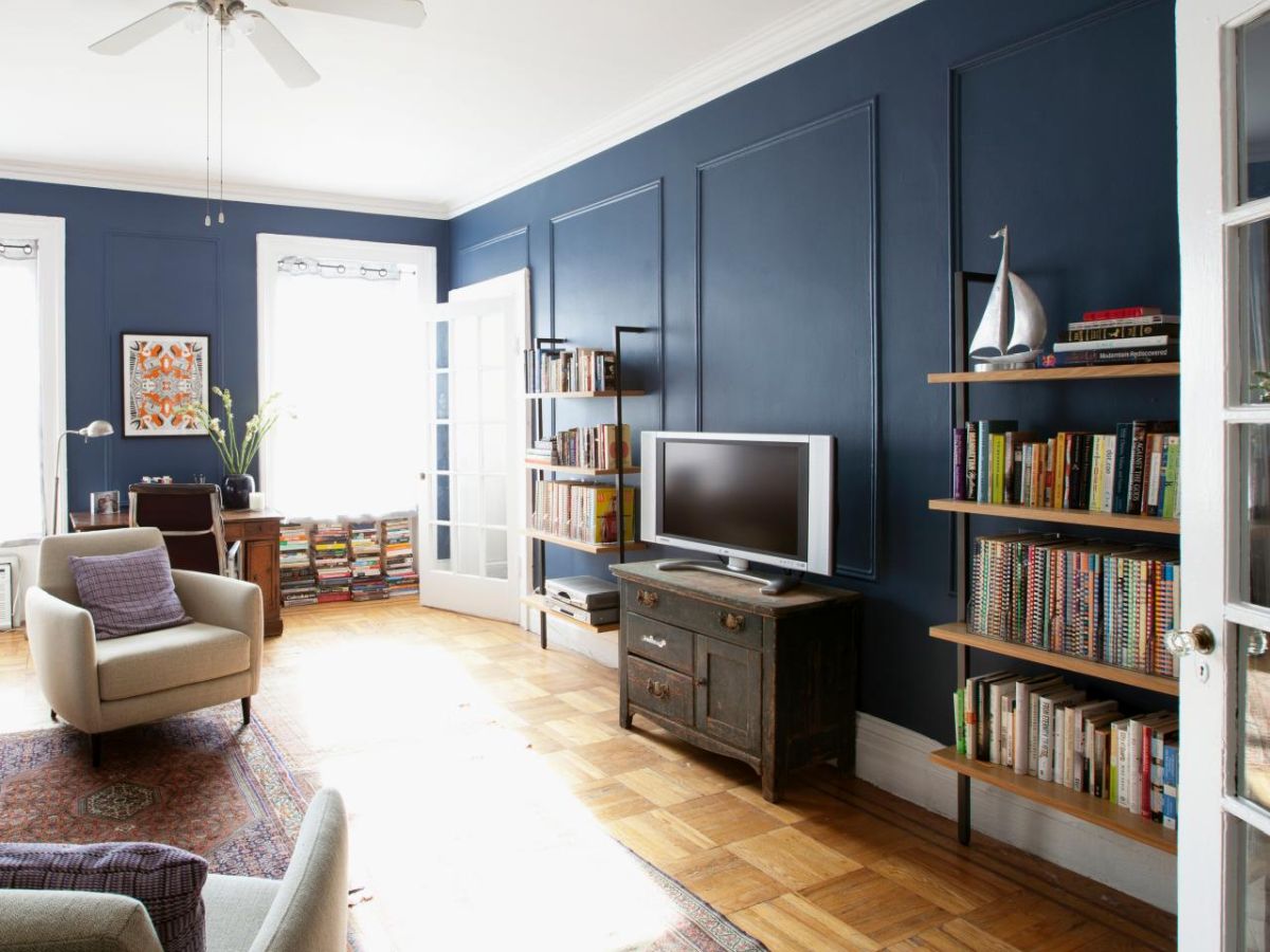 Transitional living room dusty blue walls