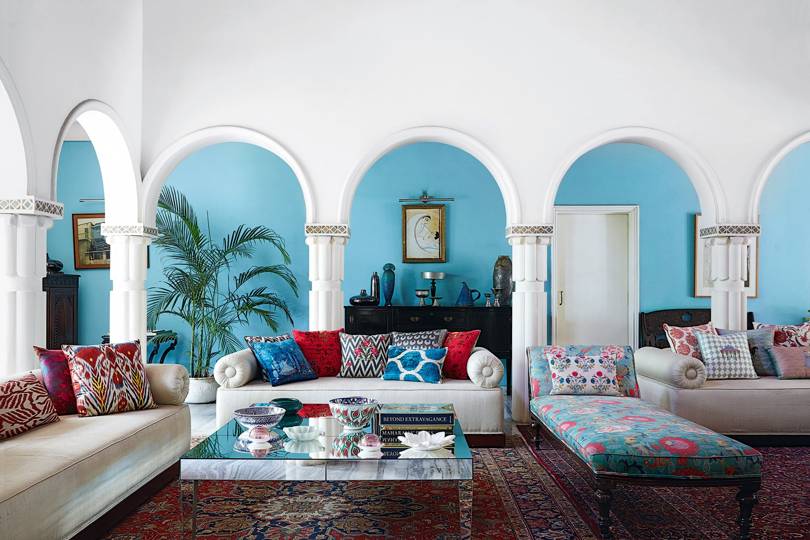 Transitional living room multiple blue shades