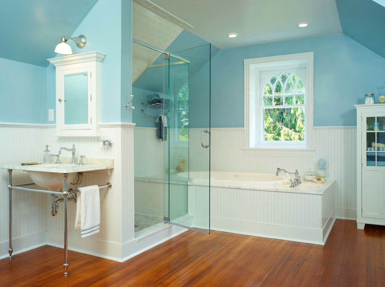 Bathroom with half bathroom beadboard