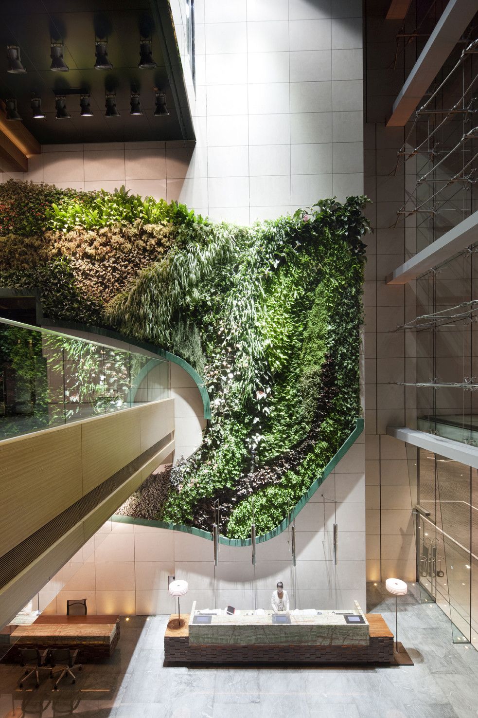 This swirling green wall by Rocco Design Architects is at the ICON teaching hotel of the PolyU in Hong Kong.