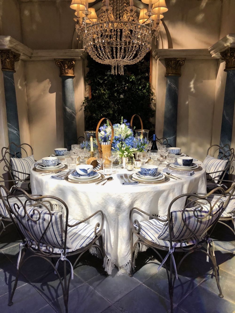 Large chandelier over dining table