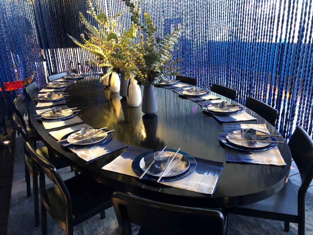 Large chandelier over dining table