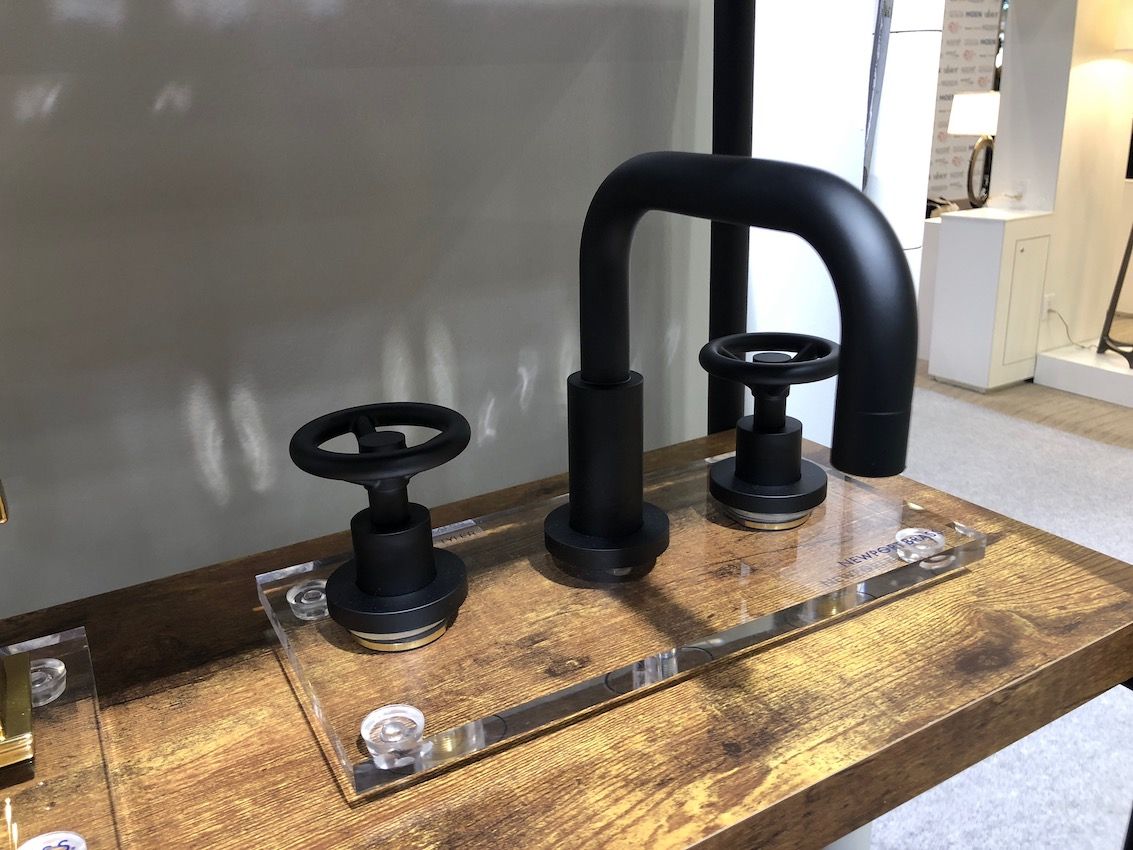 Newport Brass industrial style faucet and handles have the very popular matte black finish.