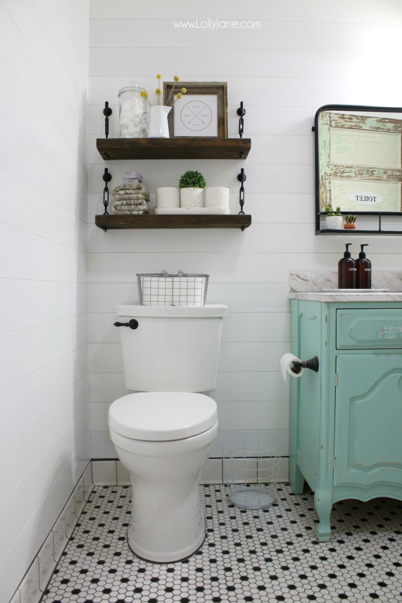 floating shelf behind toilet