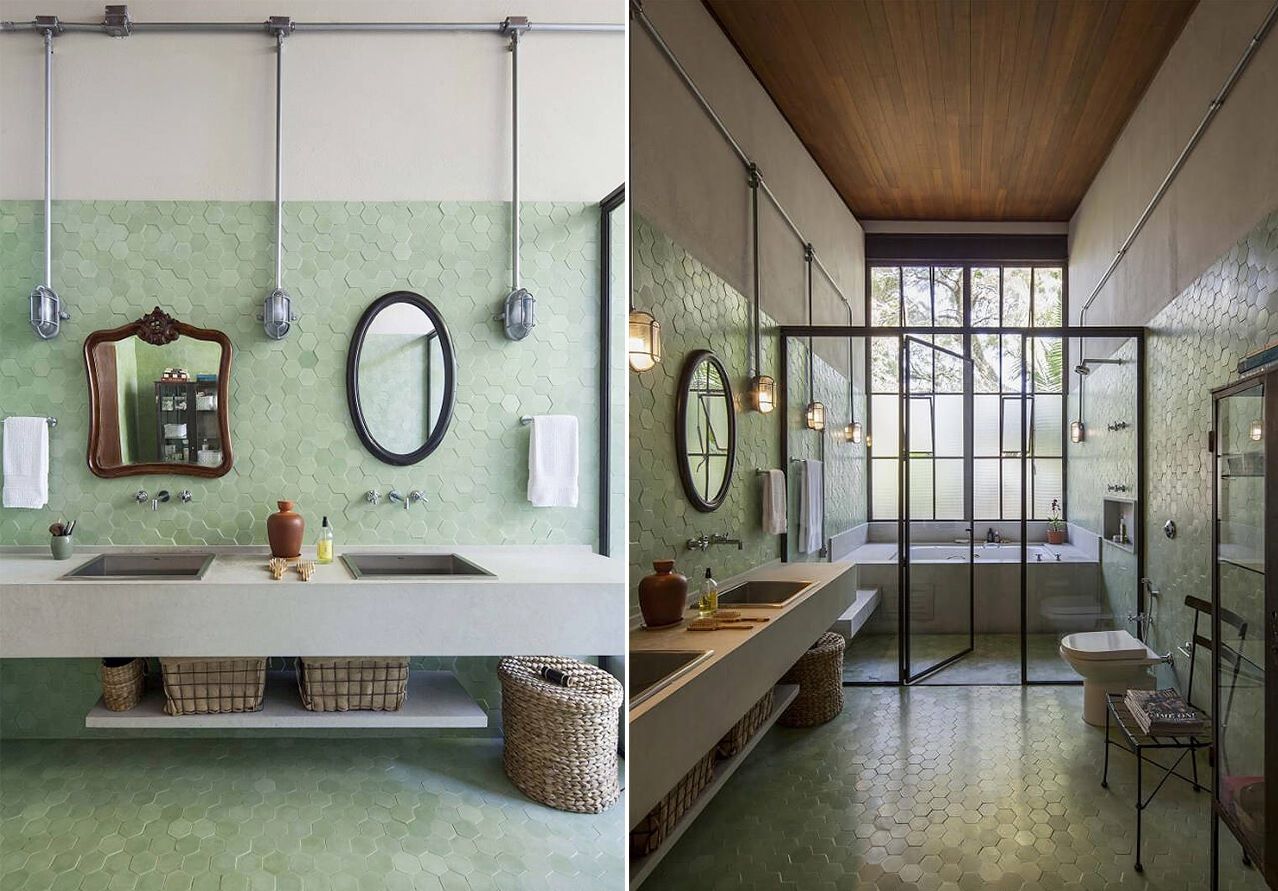 Green honeycomb tiles and industrial pipes for bathroom