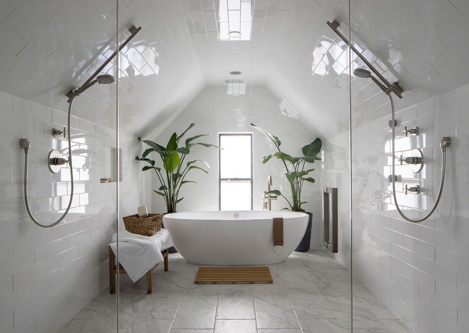 Bathroom with walk in shower and black frame