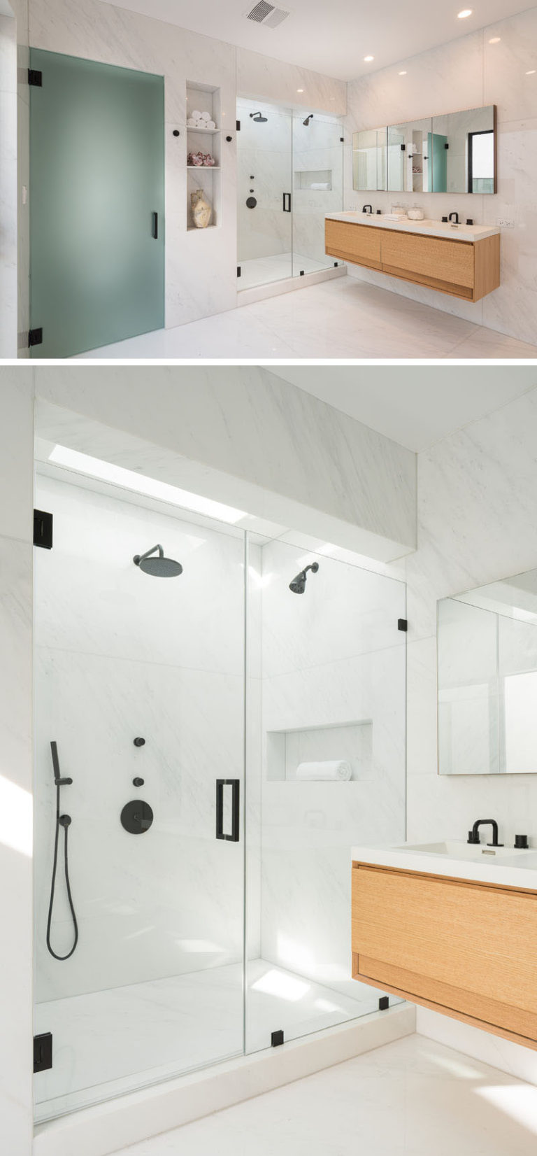 Modern walk in shower design - black features