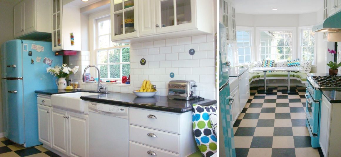 Turquouise fridge and black countertop for mid century kitchen