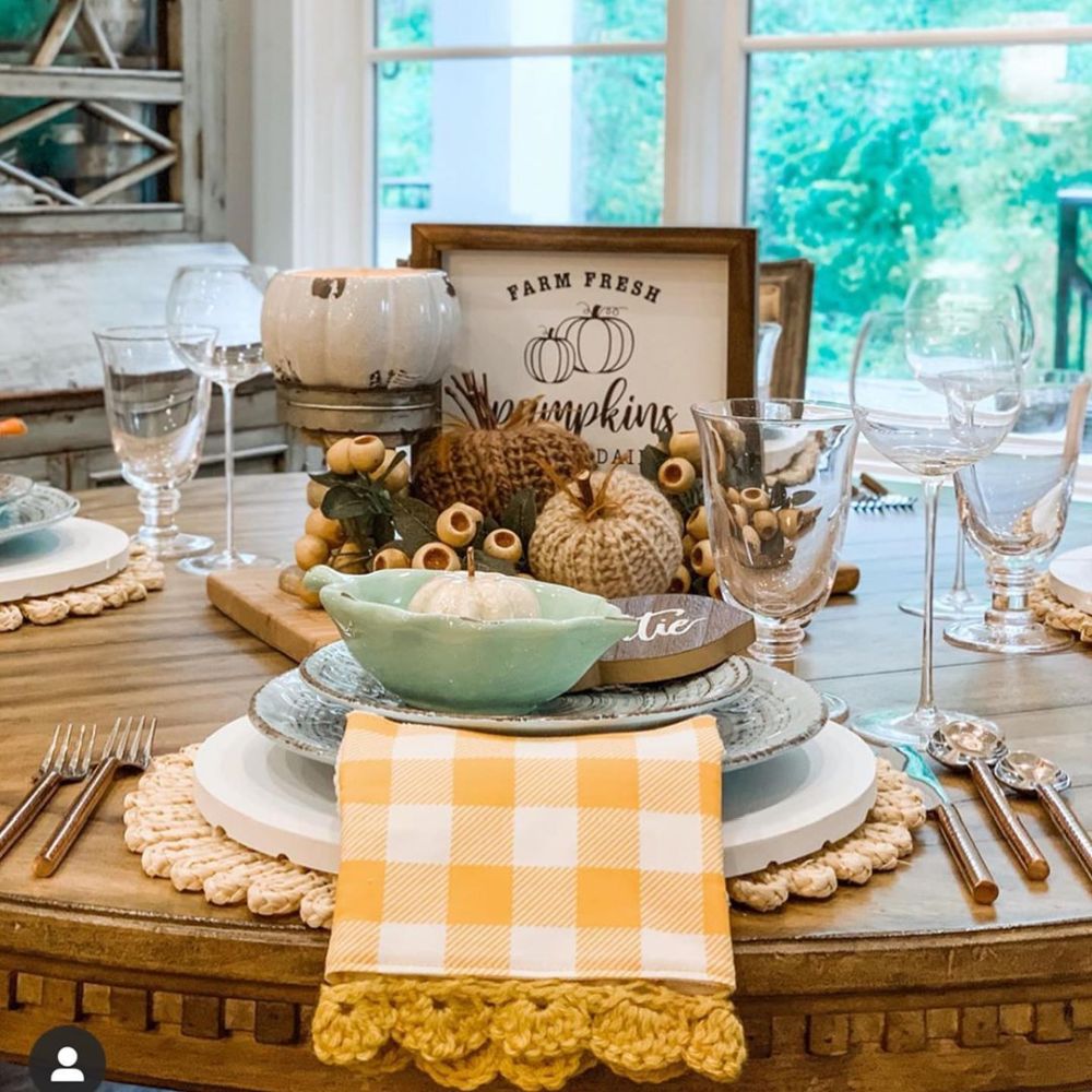 Beautifully Knitted Pumpkins Fall Tablescape