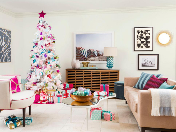 Coastal living room with pink accents living tree