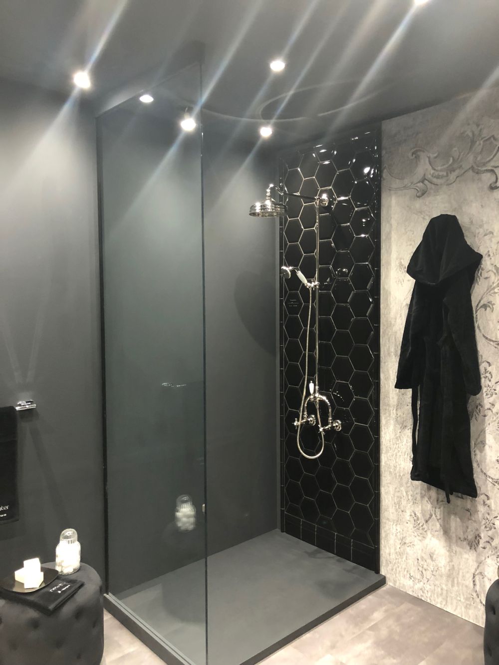 Glass panel walk in shower