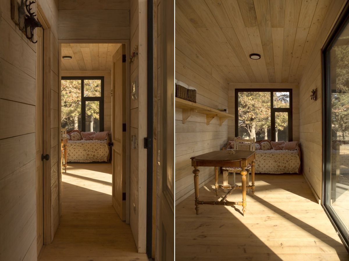 The interior of this container feels very warm and cozy and makes use of lots of wood