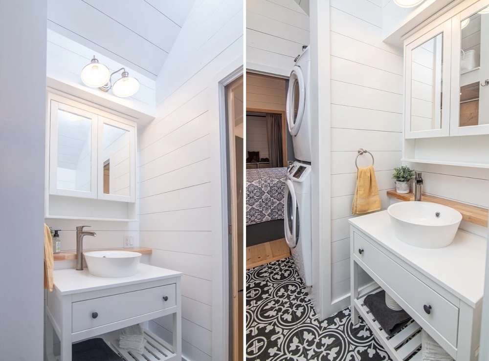 Tiny house bathroom stacked washer and dryer.