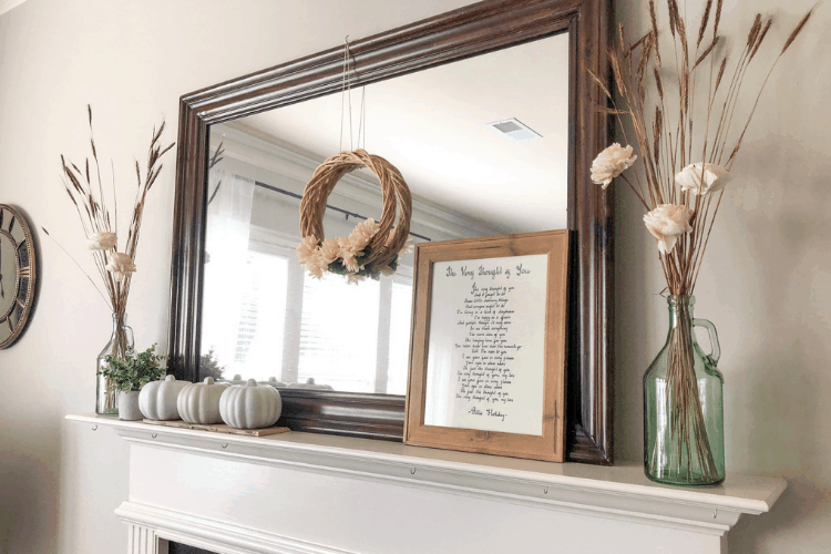 Mirror and Dollar Store Pumpkins Fall Mantel