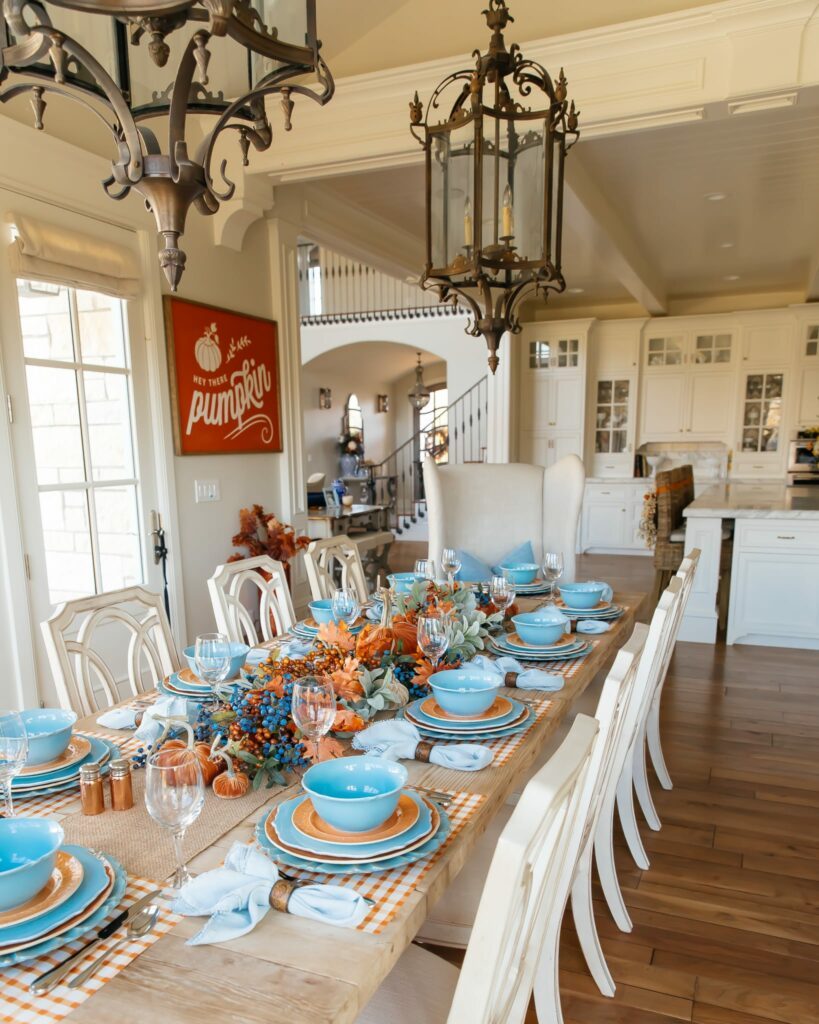 Blue and orange Thanksgiving table decor