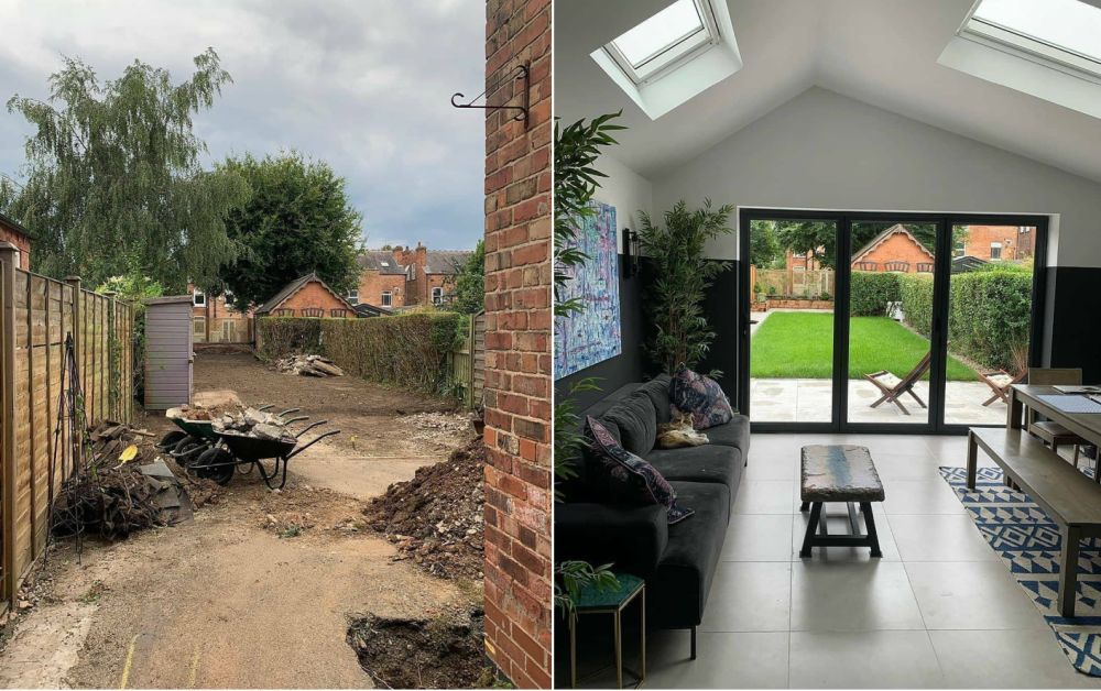 Before and after backyard seen from inside the house