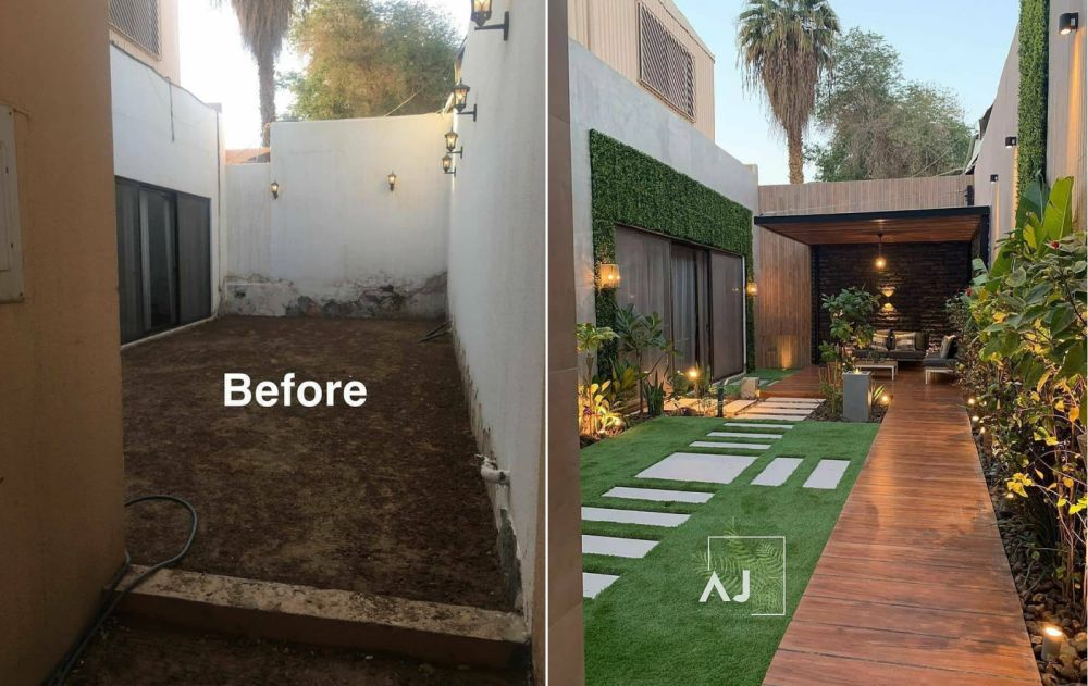 Before and after backyard with pool