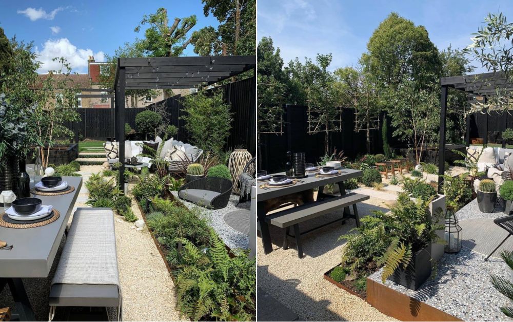 Before and after backyard with land covered with white gravel