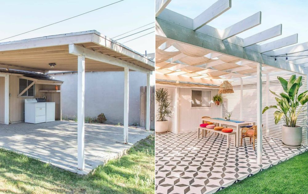 Before and after backyard with white pergola with canvas roof