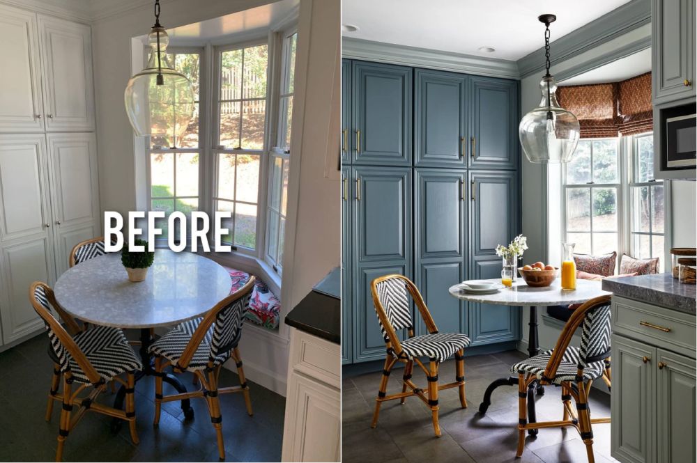 Before and after kitchen table with marble countertop