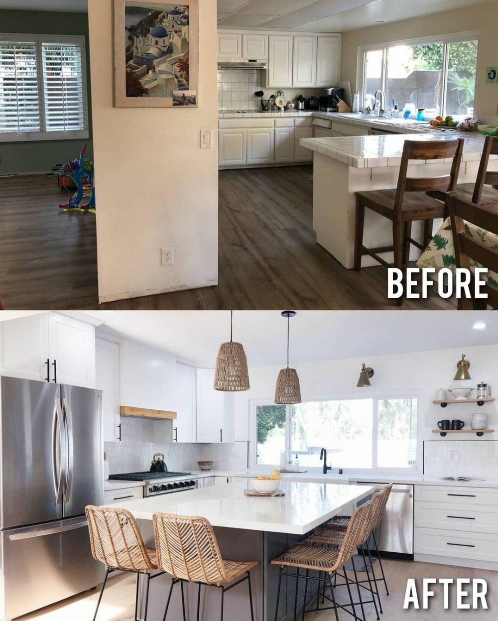 Before and after kitchen table with marble countertop