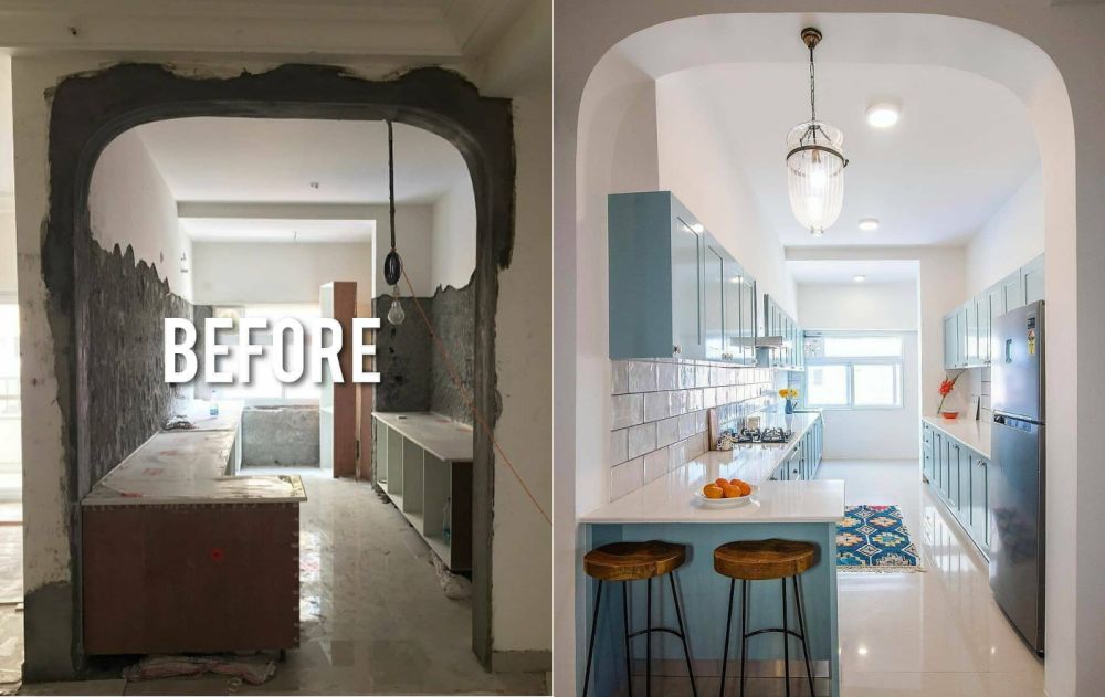 Before and after kitchen table with marble countertop