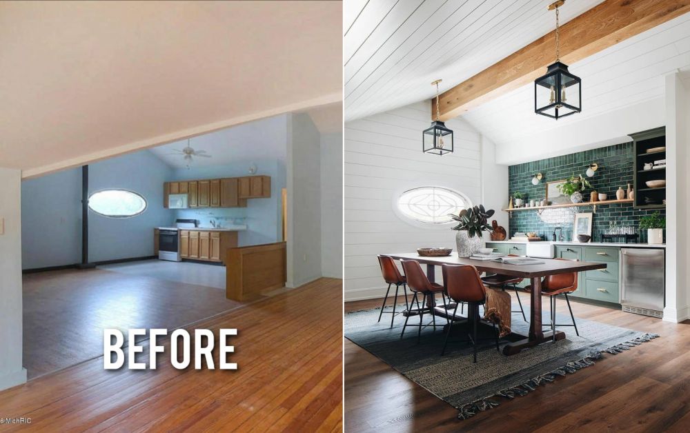 Before and after kitchen table with marble countertop