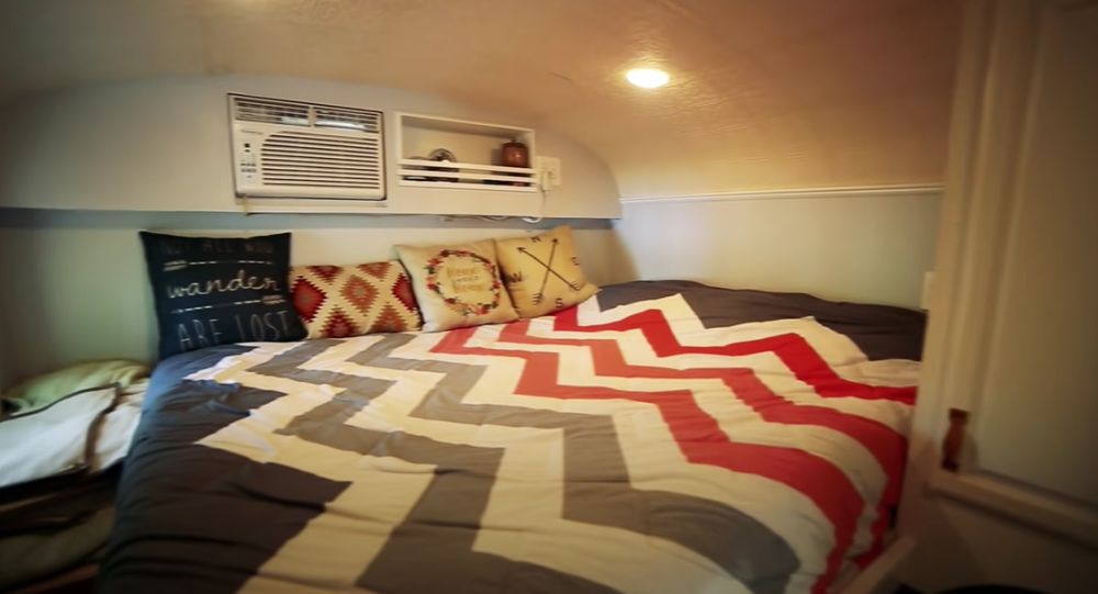 Couples DIY School Bus Conversion bedroom