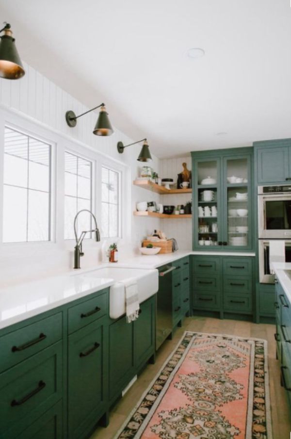 Green and White Kitchen Cabinets with Dark Green Bottom Cabinets