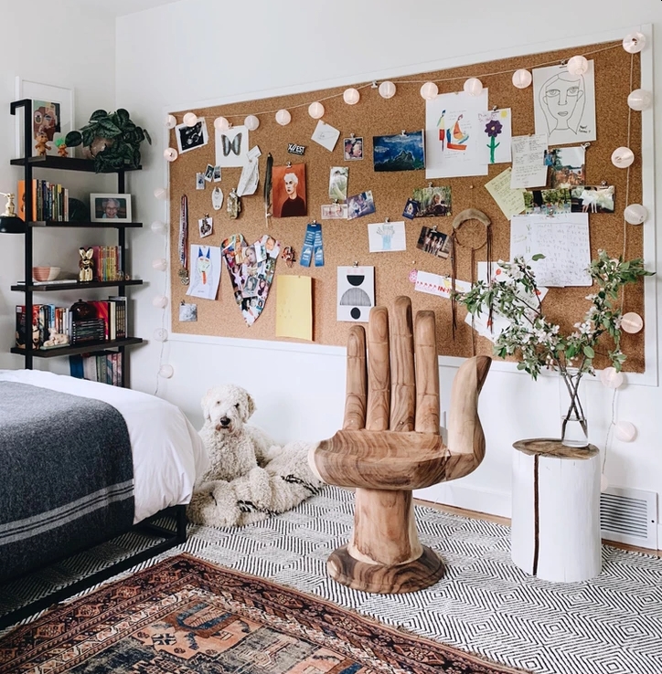 Cork board wall with string lights