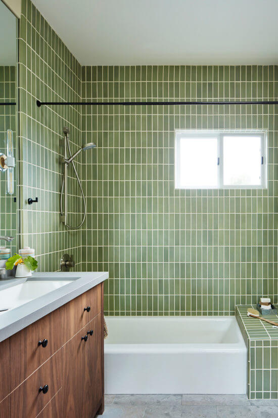 Green shower with vertical tiles