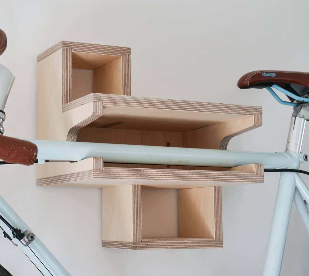 Wooden bike rack with cubbies