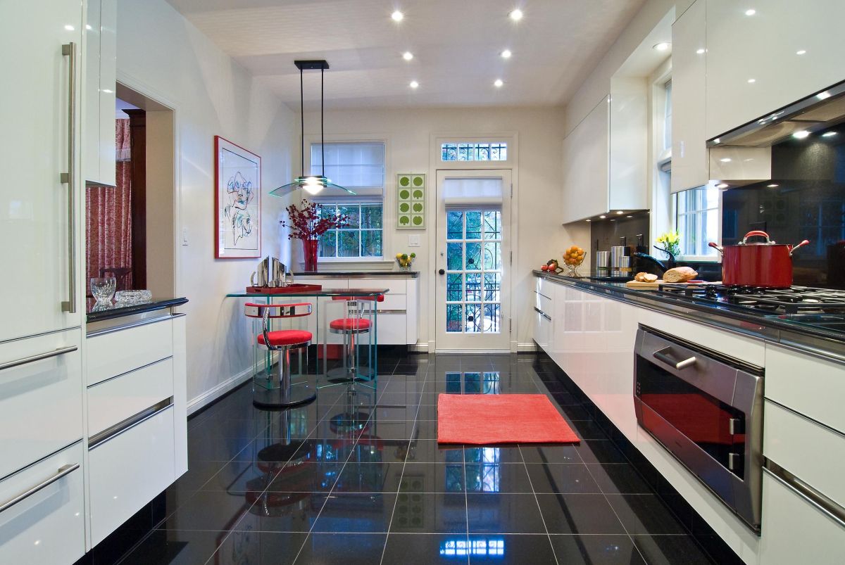 modern white kitchen dark floor