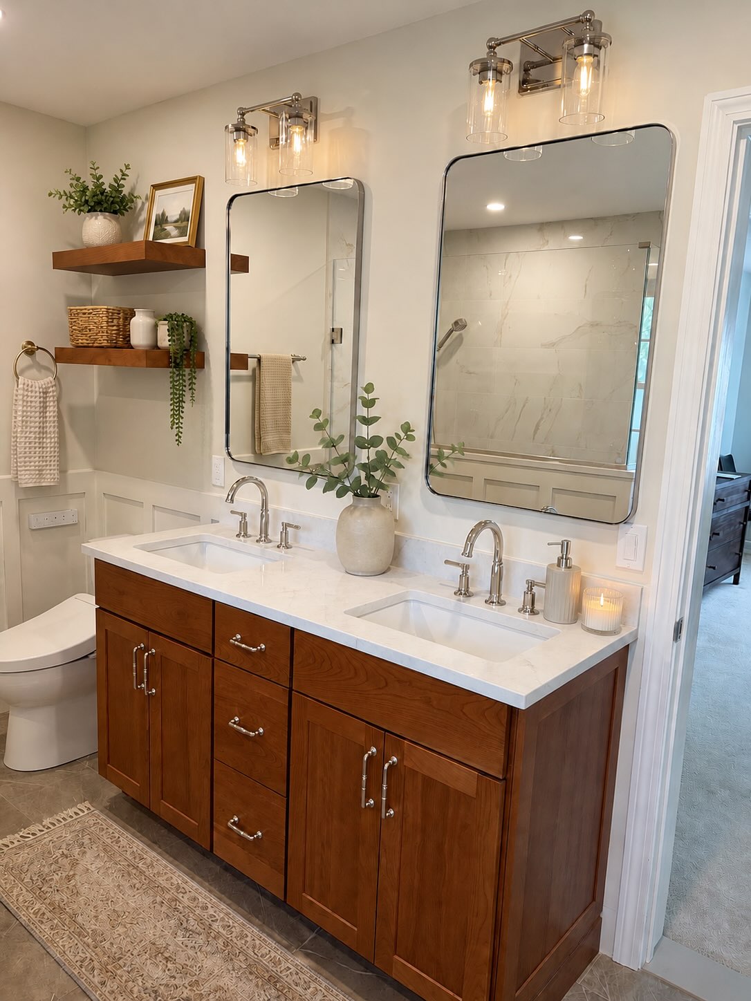 Cherry Cabinetry Added Warm Wood to the Bathroom