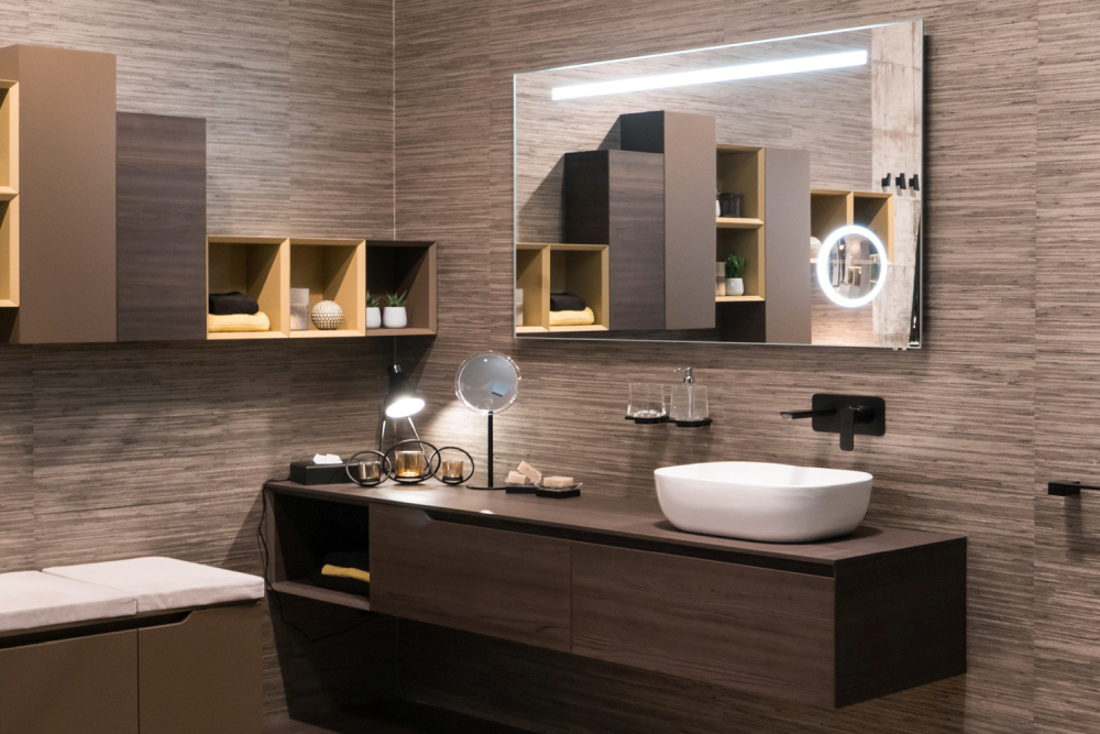 A Cushioned Bench Adds Seating Beside the Sink