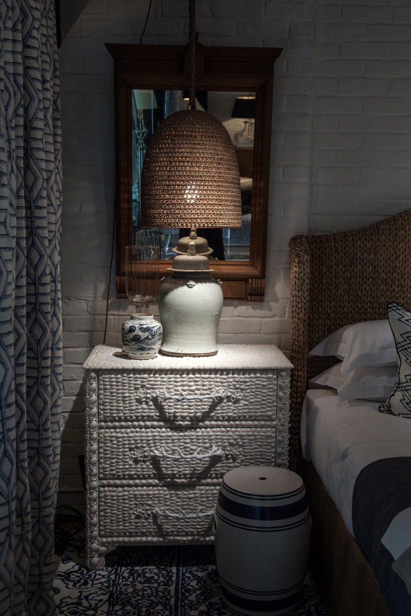 A Woven Pendant Leaves the Bedside Surface Open