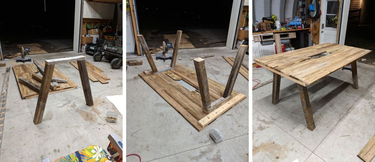 Angled timber legs were assembled beneath the tabletop.
