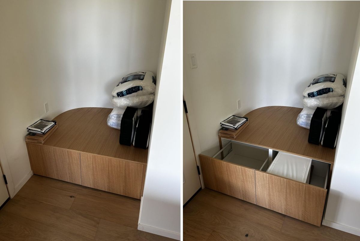 Another fitted bench uses the same storage approach