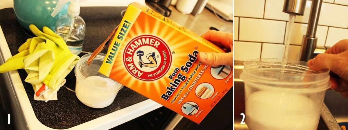 Baking soda goes into a container before water is added