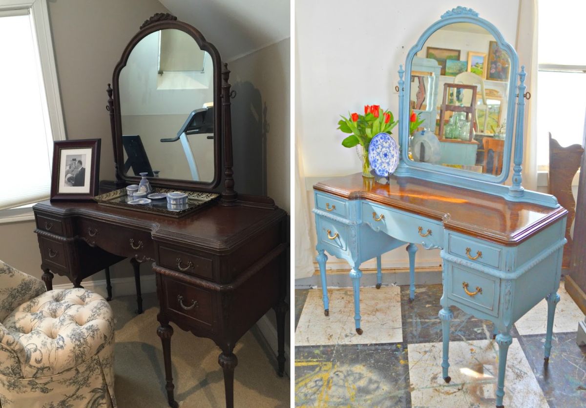 Before-and-after images show the same antique vanity with its original mirror,