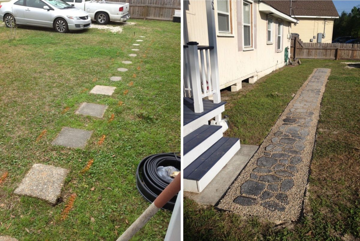 He Used One Concrete Mold to Turn a Strip of Grass Into This Stone-Look Walkway