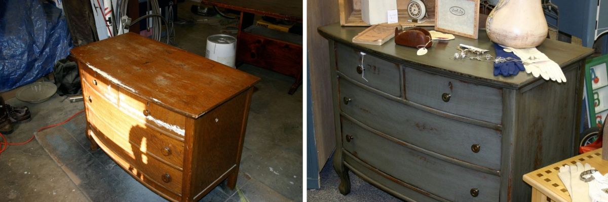 Before and after show a new finish on the same cabinet