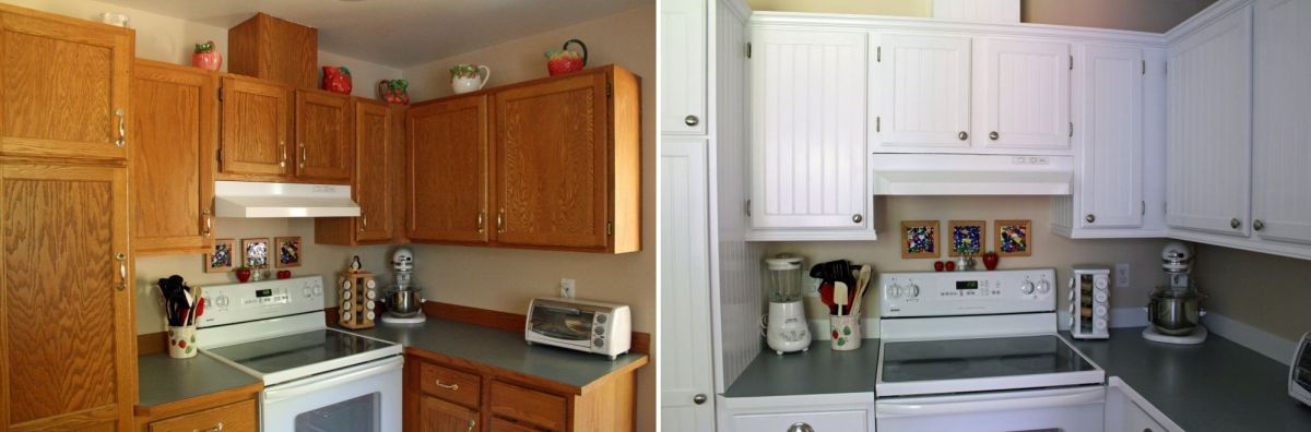 Before and after white paint and beadboard kitchen renovation