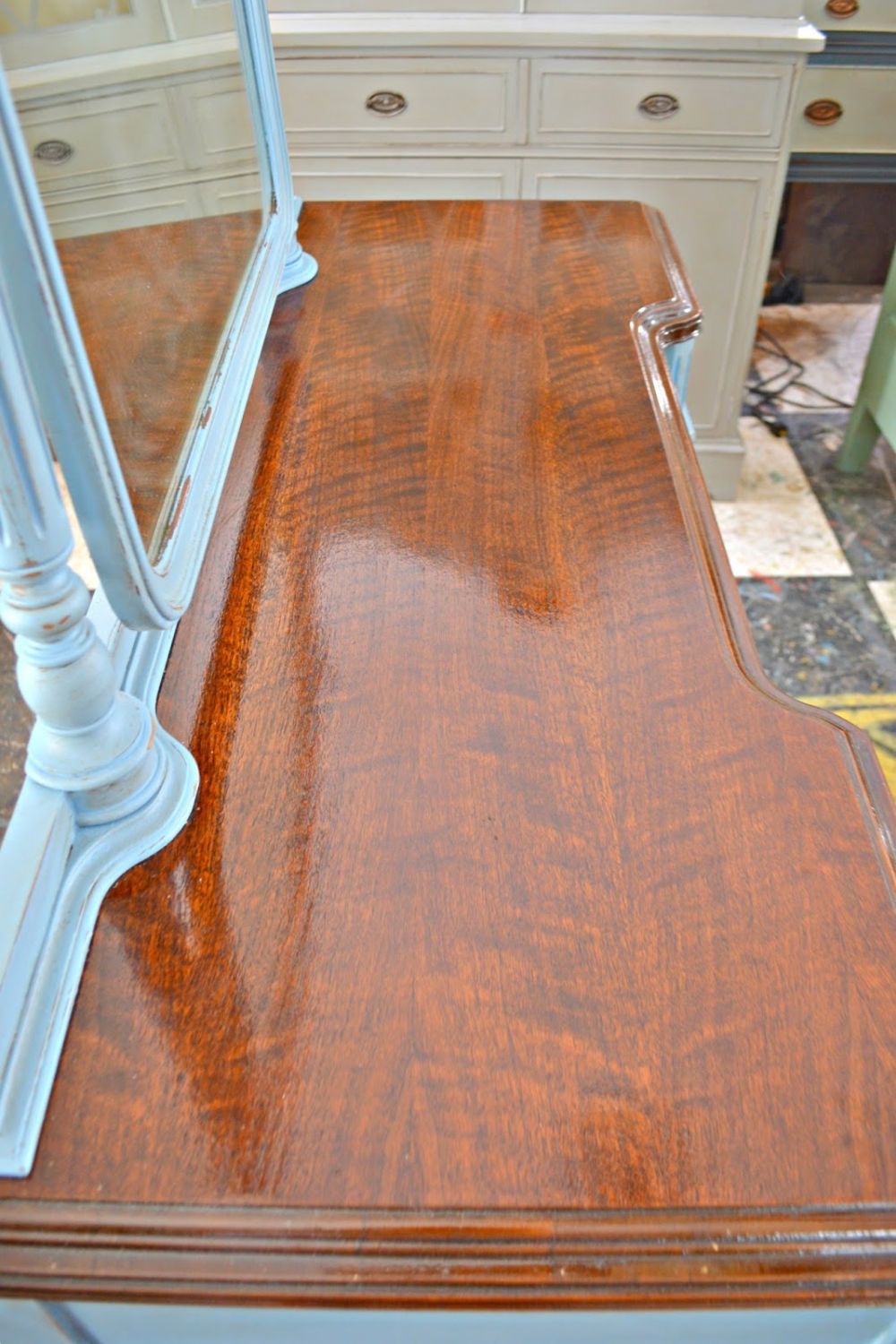 Blue Paint and Brown Mahogany Changed the Vanity's Look