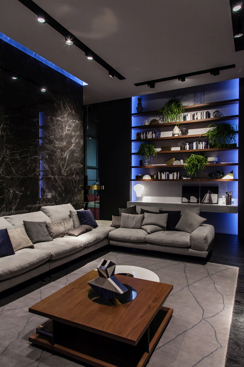 Blue backlighting changes the character of a dark living room