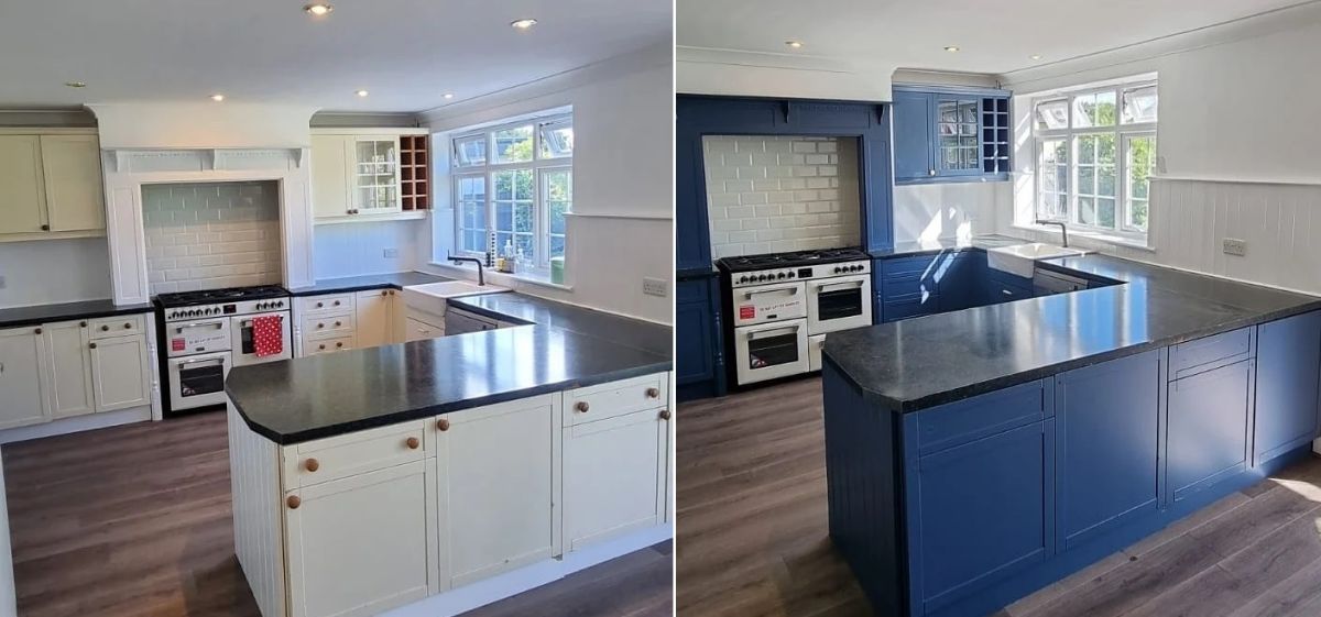 Cream kitchen blue before after
