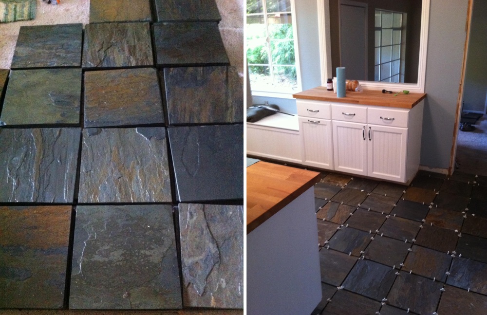 Dark slate tiles replaced the original light floor