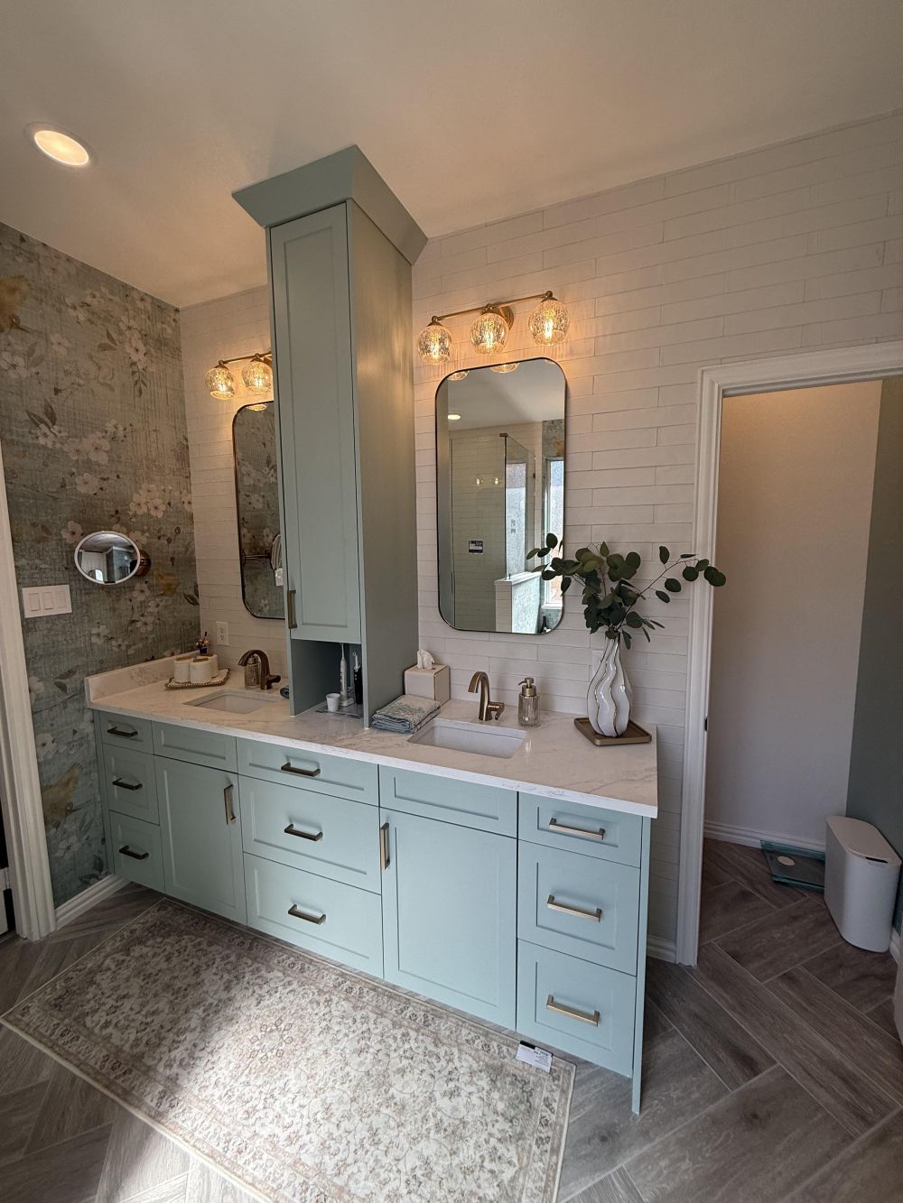 Eucalyptus Green Cabinets Replaced the White Double Vanity