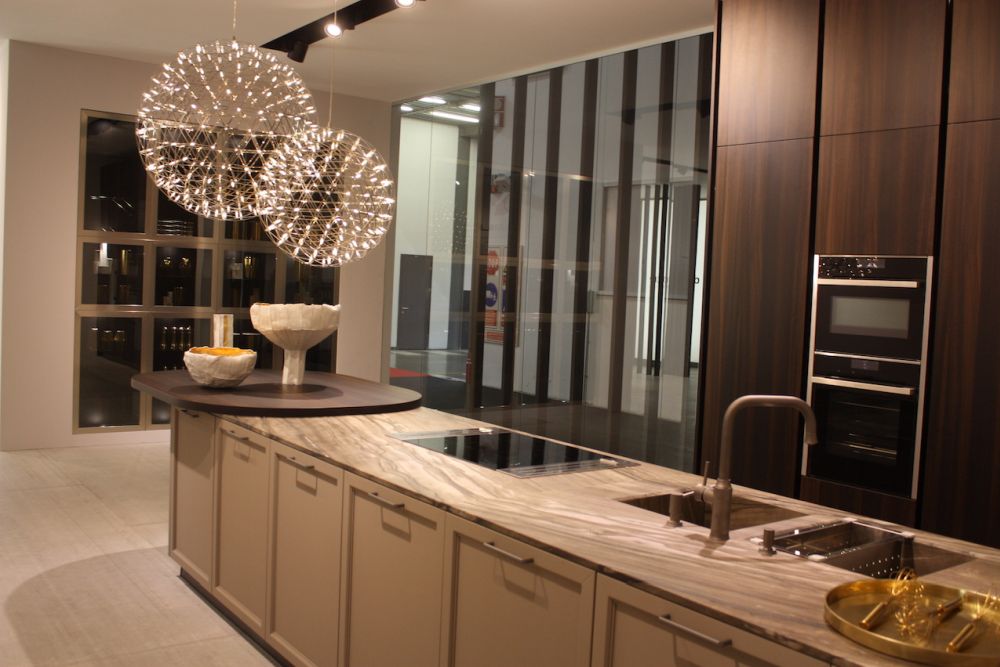 Full-height walnut-toned cabinets